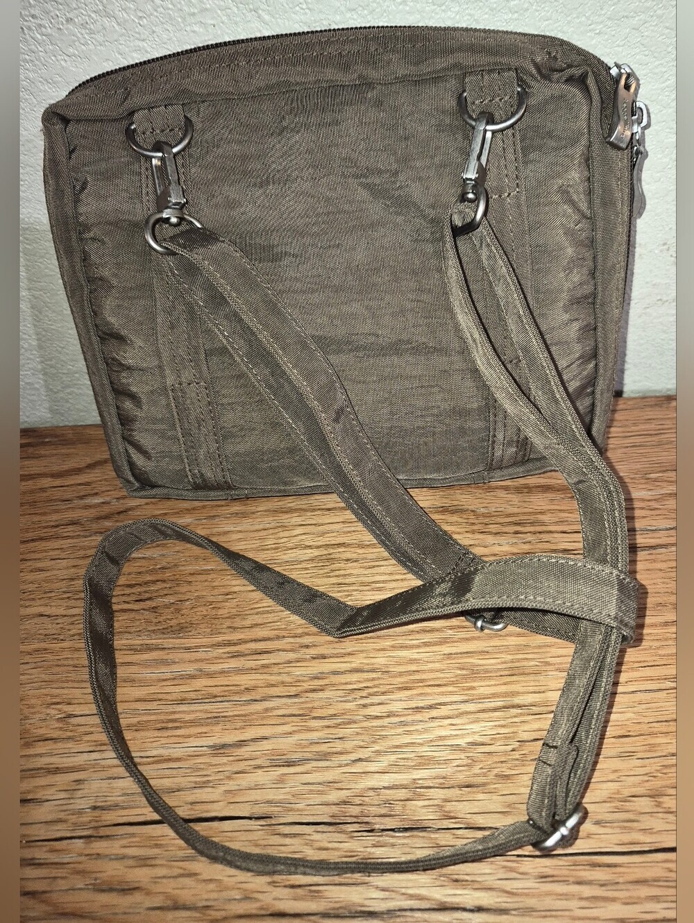 Brown Nylon Baggallini Crossbody bag featuring multiple exterior zipper pockets - Picture 2 of 8